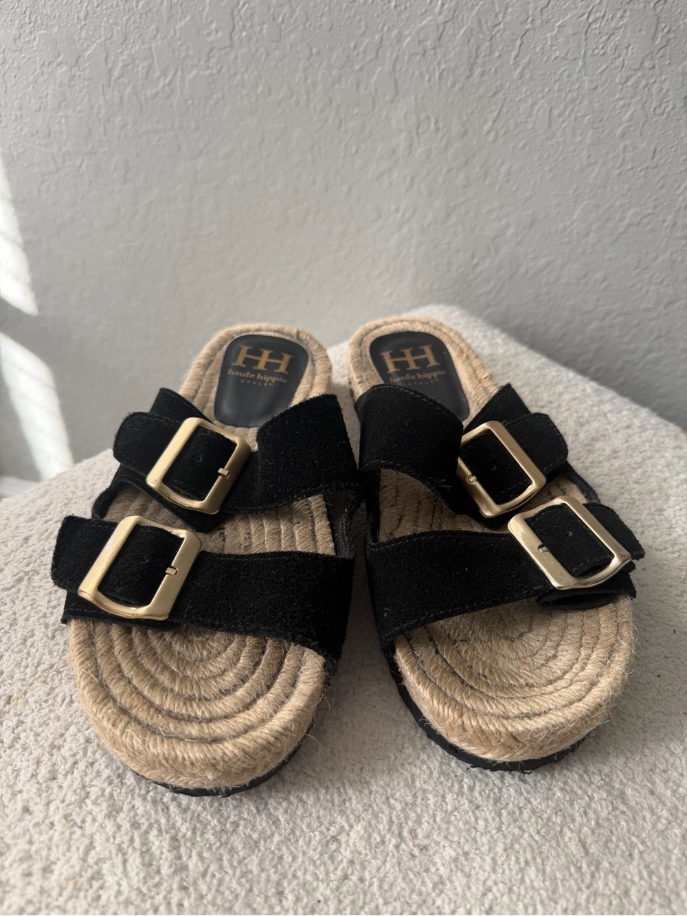Haute Hippie Black & Tan Double Buckle Sandals Espadrille Slides size 7.5